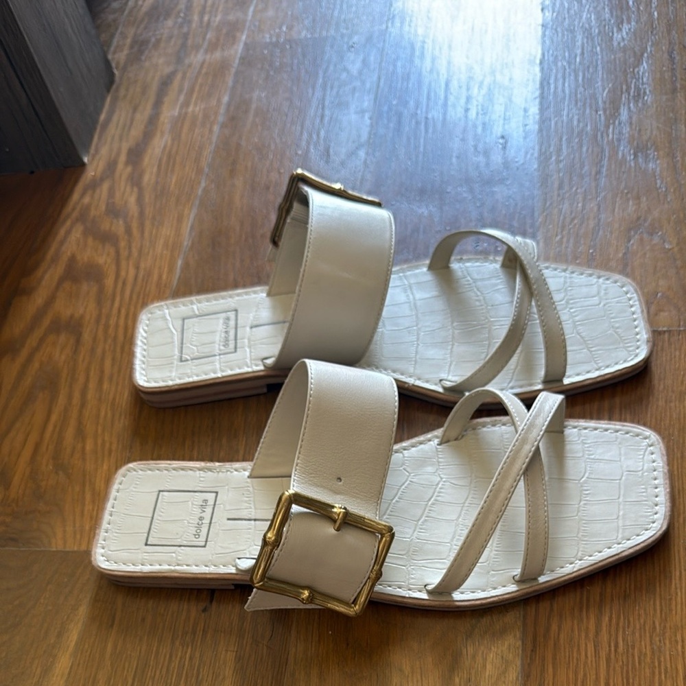 Dolce Vita Cream Sandals with Gold Buckle